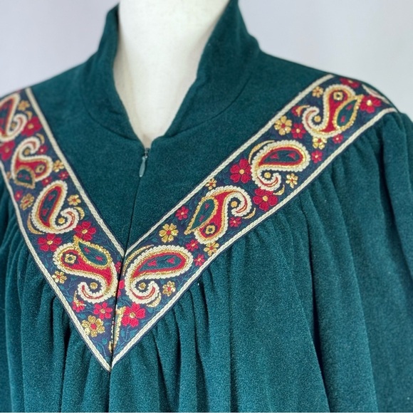 Vintage Vanity Fair Velour Housecoat zip front forest green gold metallic trim L - Picture 2 of 9